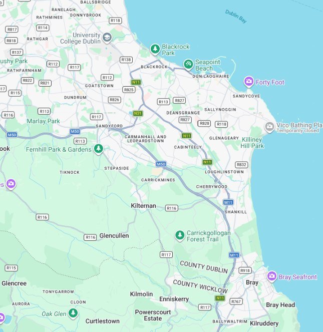 Map of Kelly Cleaning Company's coverage area — South Dublin from Ballsbridge and Blackrock down to Bray Head and Enniskerry